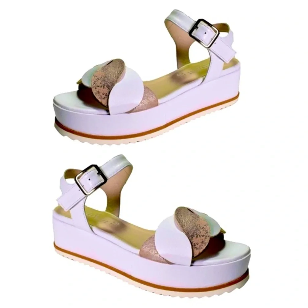 NIB Cordani Calzature pure white open toe ankle str flatform leather gold 37 / 7
